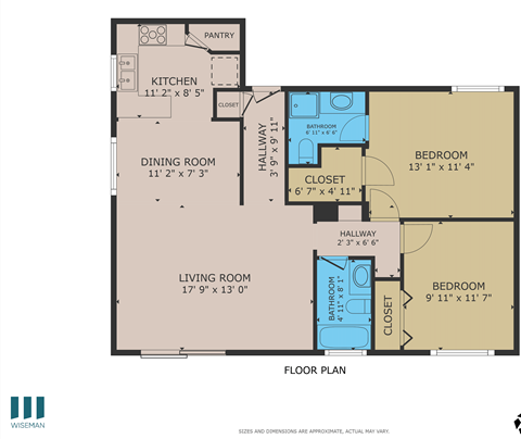 Floor plan for 2 beds, 2 baths, 1100 sqft